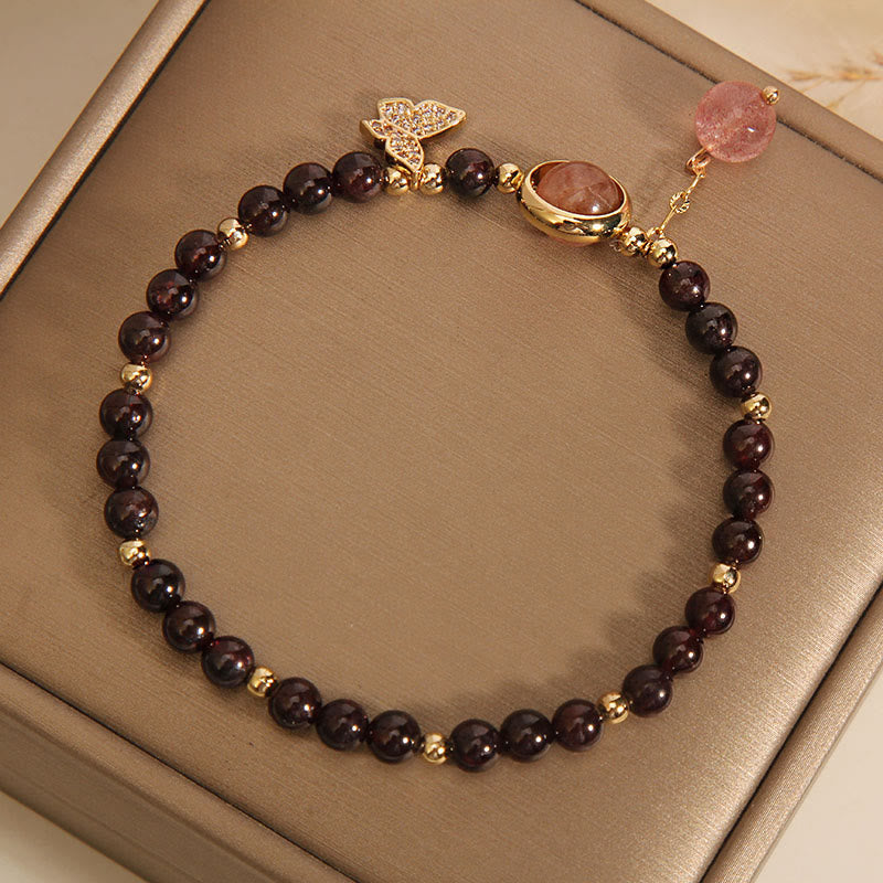 Wear FengShui Natural 3mm Ultra-thin Garnet Strawberry Quartz Butterfly Calm Bracelet