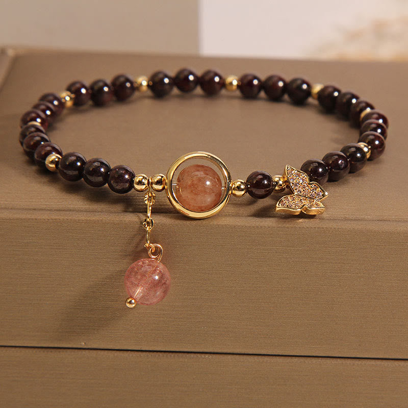 Wear FengShui Natural 3mm Ultra-thin Garnet Strawberry Quartz Butterfly Calm Bracelet