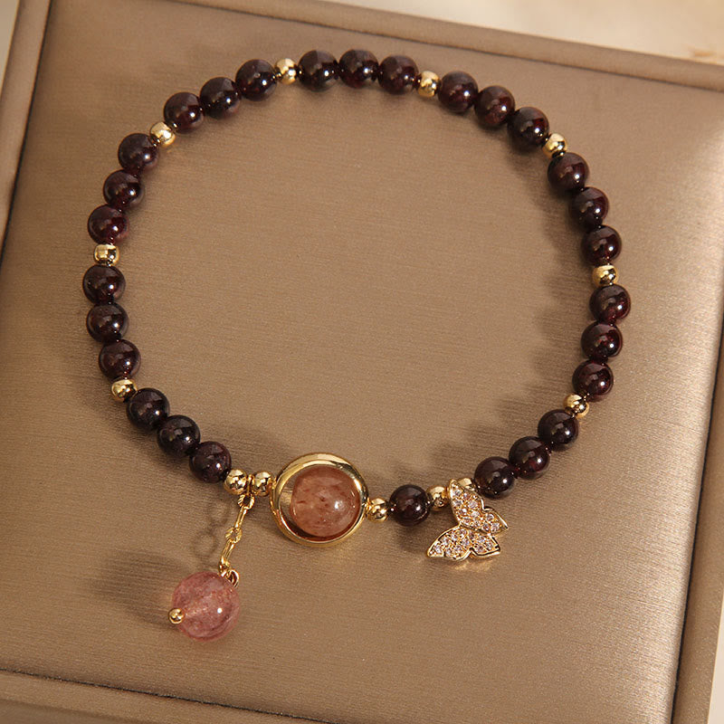 Wear FengShui Natural 3mm Ultra-thin Garnet Strawberry Quartz Butterfly Calm Bracelet