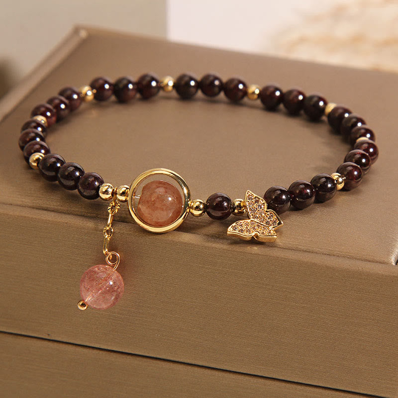 Wear FengShui Natural 3mm Ultra-thin Garnet Strawberry Quartz Butterfly Calm Bracelet