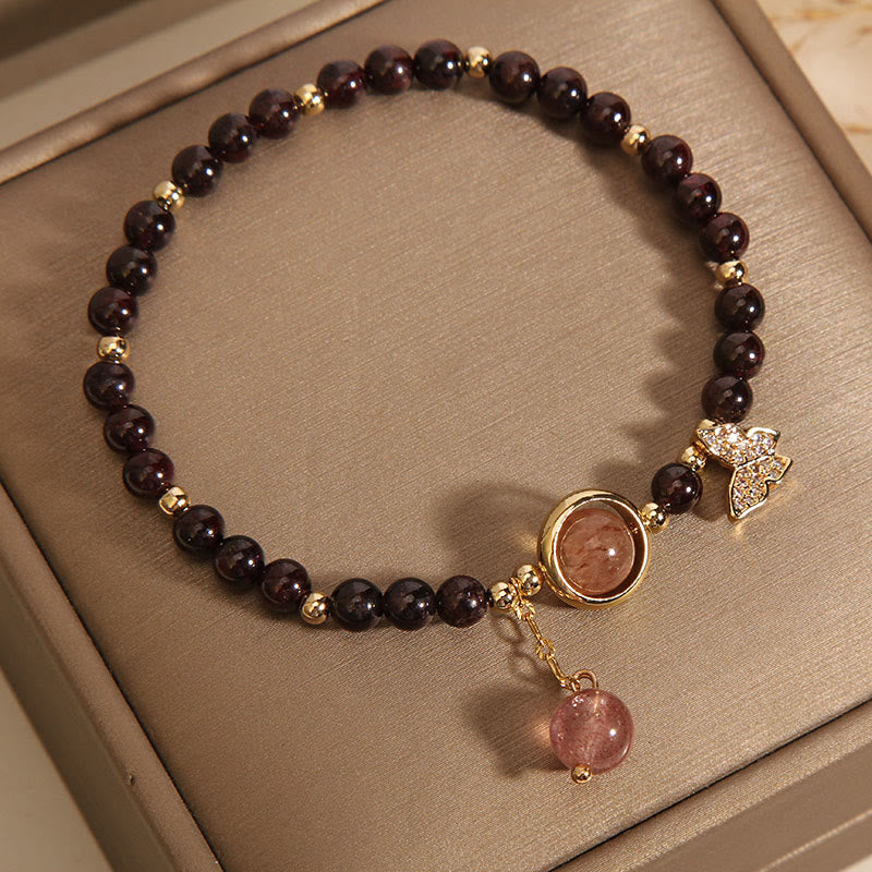 Wear FengShui Natural 3mm Ultra-thin Garnet Strawberry Quartz Butterfly Calm Bracelet