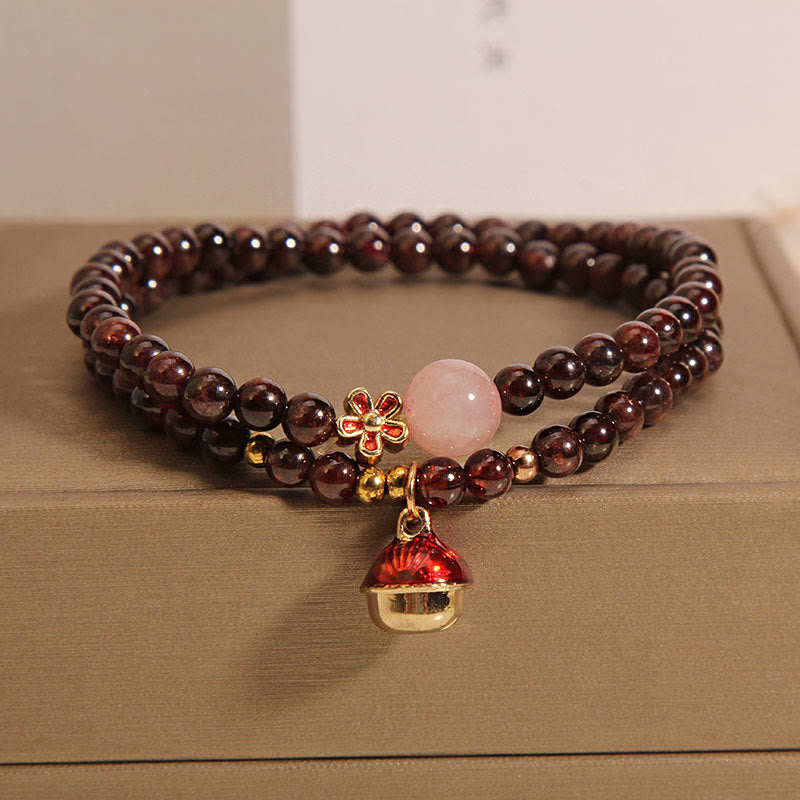 Wear FengShui Natural 3mm Ultra-thin Garnet Rose Quartz Beads Money Bag Bell Flower Protection Bracelet
