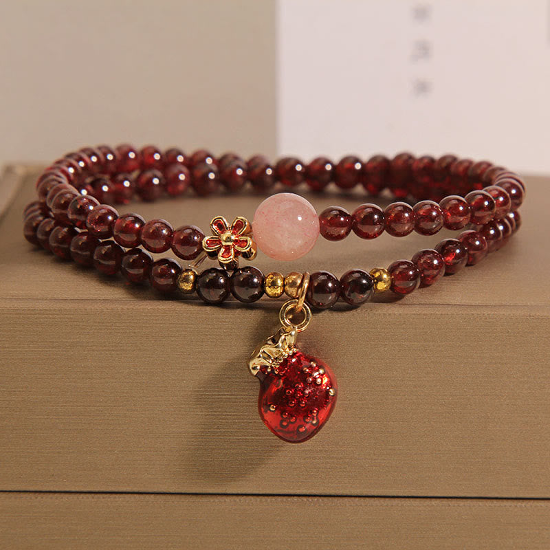 Wear FengShui Natural 3mm Ultra-thin Garnet Rose Quartz Beads Money Bag Bell Flower Protection Bracelet