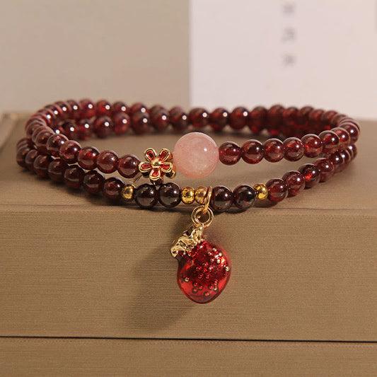 Wear FengShui Natural 3mm Ultra-thin Garnet Rose Quartz Beads Money Bag Bell Flower Protection Bracelet