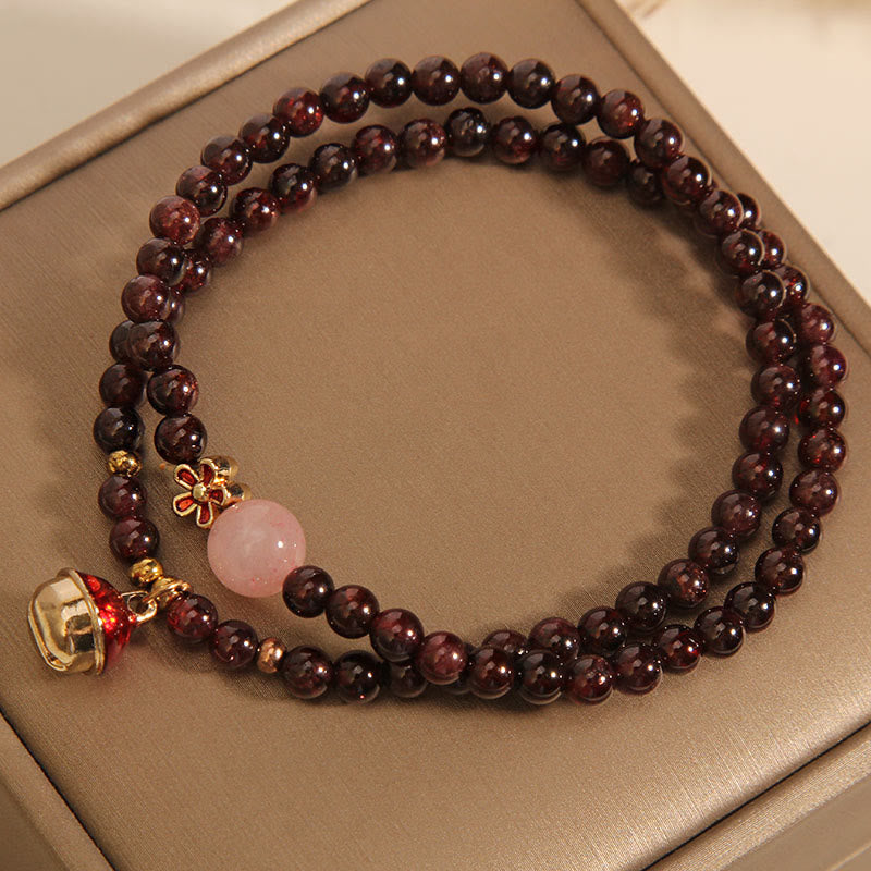 Wear FengShui Natural 3mm Ultra-thin Garnet Rose Quartz Beads Money Bag Bell Flower Protection Bracelet