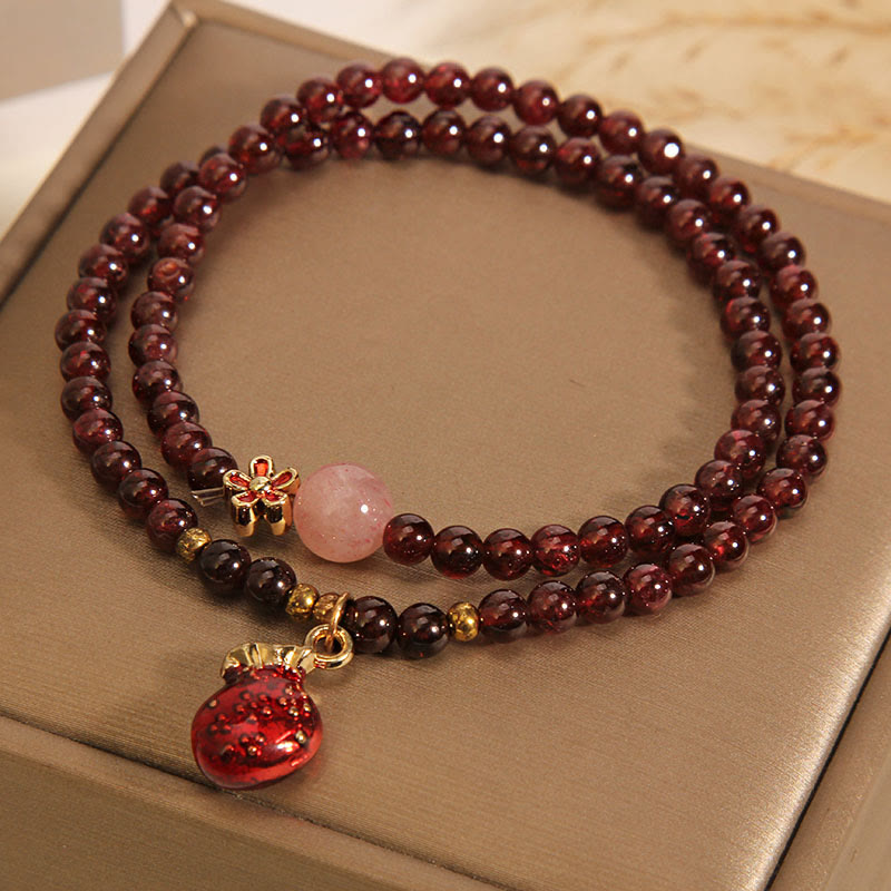 Wear FengShui Natural 3mm Ultra-thin Garnet Rose Quartz Beads Money Bag Bell Flower Protection Bracelet