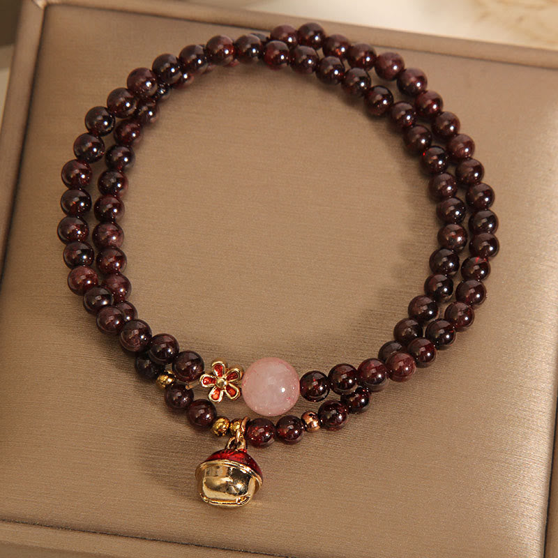 Wear FengShui Natural 3mm Ultra-thin Garnet Rose Quartz Beads Money Bag Bell Flower Protection Bracelet