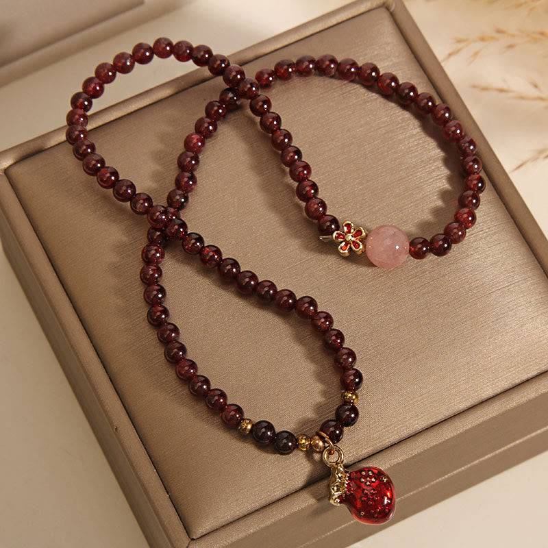 Wear FengShui Natural 3mm Ultra-thin Garnet Rose Quartz Beads Money Bag Bell Flower Protection Bracelet