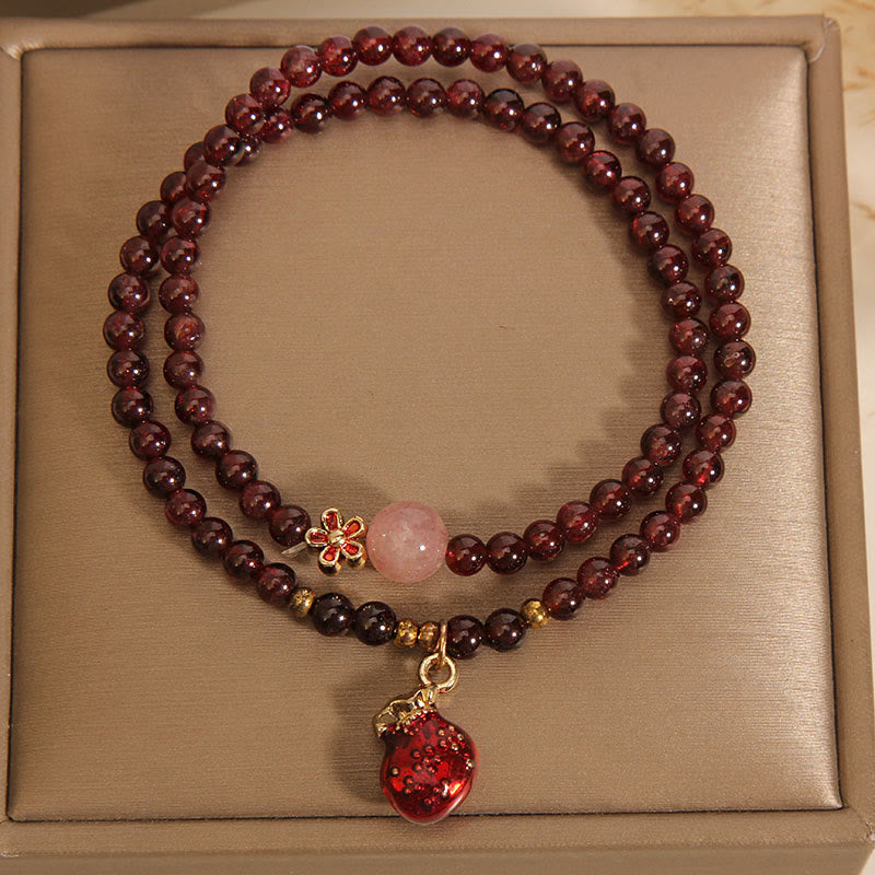 Wear FengShui Natural 3mm Ultra-thin Garnet Rose Quartz Beads Money Bag Bell Flower Protection Bracelet