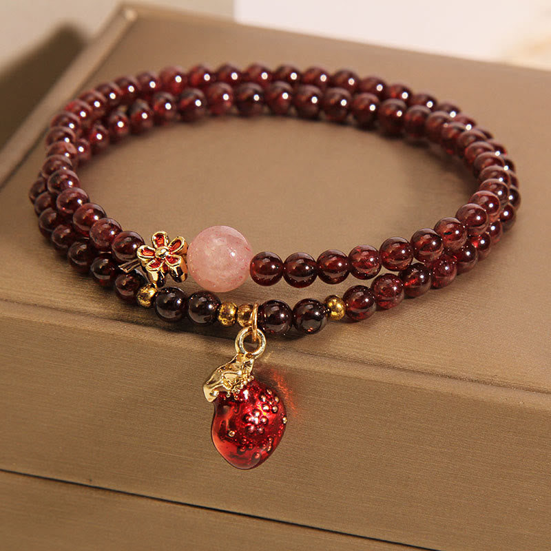 Wear FengShui Natural 3mm Ultra-thin Garnet Rose Quartz Beads Money Bag Bell Flower Protection Bracelet