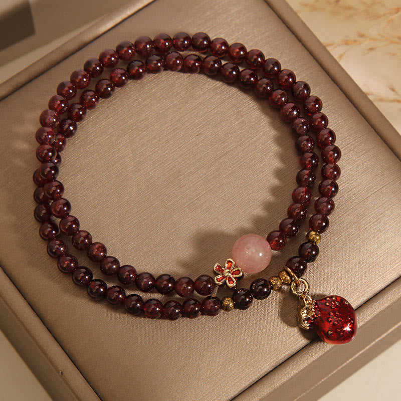 Wear FengShui Natural 3mm Ultra-thin Garnet Rose Quartz Beads Money Bag Bell Flower Protection Bracelet