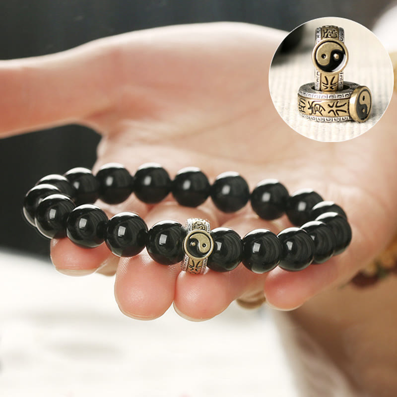 Wear FengShui Black Obsidian Yin Yang Nine-Character Mantra Fulfilment Bracelet