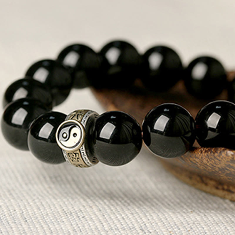 Wear FengShui Black Obsidian Yin Yang Nine-Character Mantra Fulfilment Bracelet