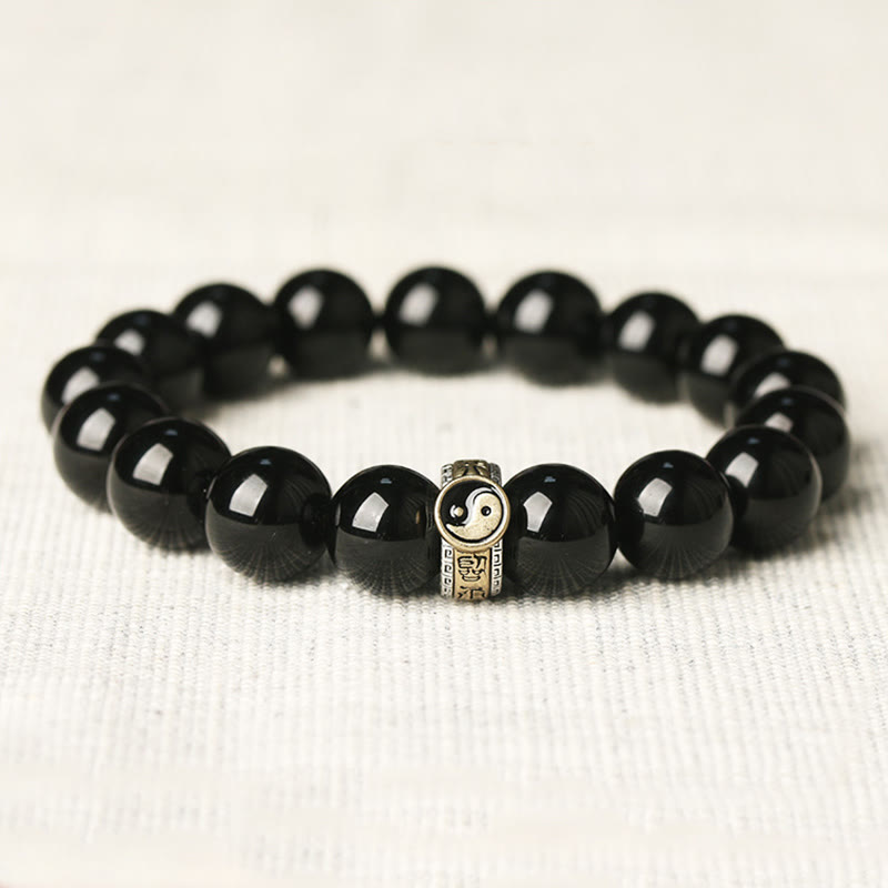 Wear FengShui Black Obsidian Yin Yang Nine-Character Mantra Fulfilment Bracelet