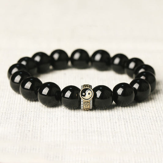 Wear FengShui Black Obsidian Yin Yang Nine-Character Mantra Fulfilment Bracelet