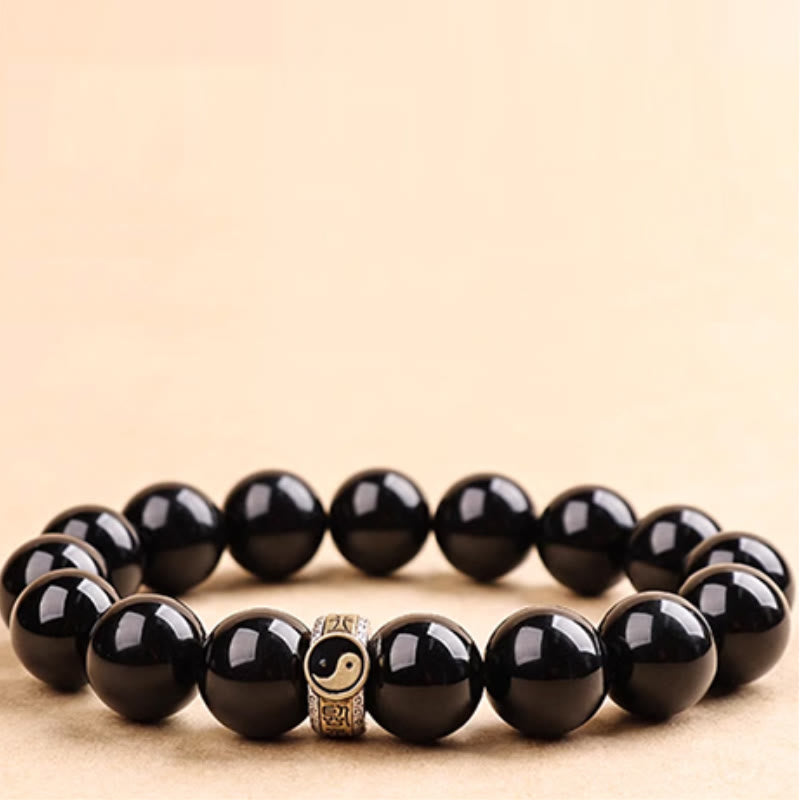 Wear FengShui Black Obsidian Yin Yang Nine-Character Mantra Fulfilment Bracelet