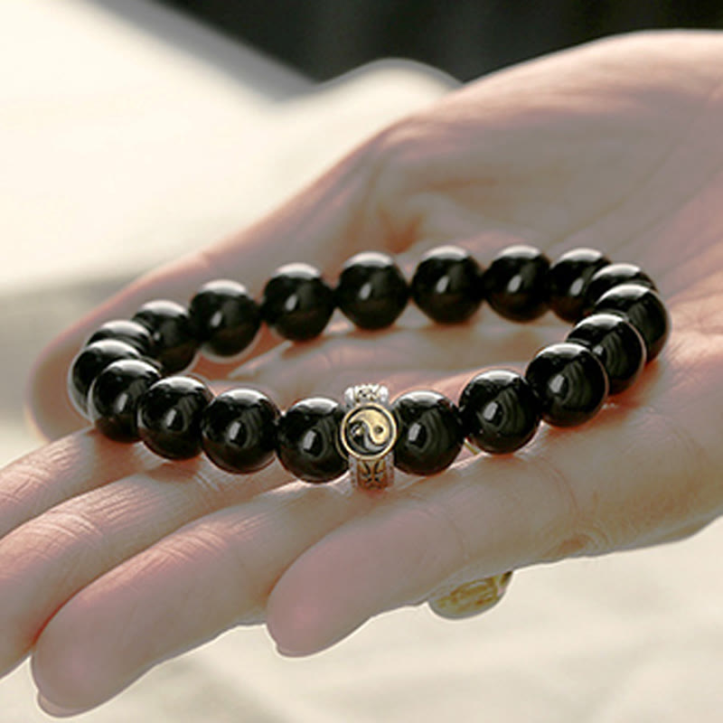 Wear FengShui Black Obsidian Yin Yang Nine-Character Mantra Fulfilment Bracelet