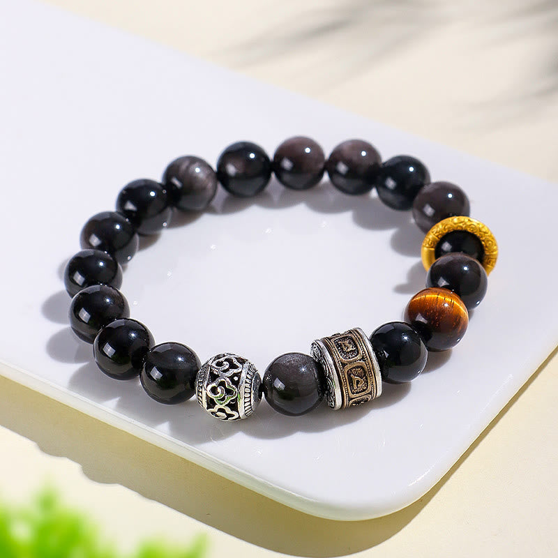 Wear FengShui Silver Sheen Obsidian Tiger Eye Om Mani Padme Hum Protection Bracelet