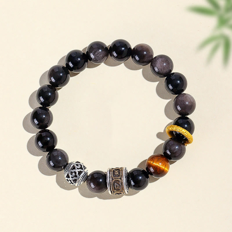 Wear FengShui Silver Sheen Obsidian Tiger Eye Om Mani Padme Hum Protection Bracelet