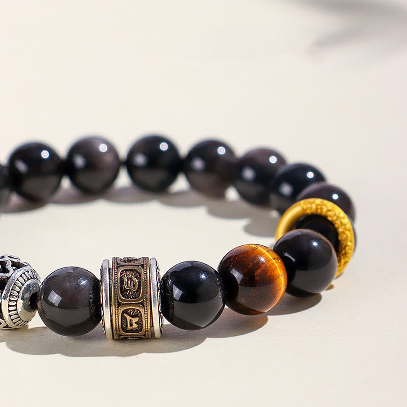 Wear FengShui Silver Sheen Obsidian Tiger Eye Om Mani Padme Hum Protection Bracelet