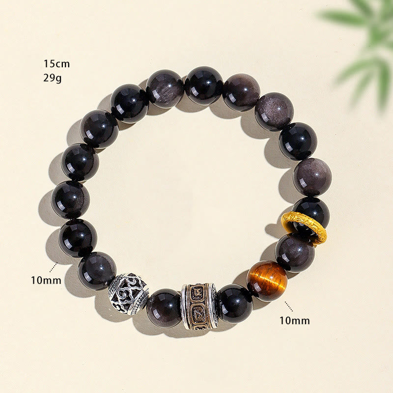 Wear FengShui Silver Sheen Obsidian Tiger Eye Om Mani Padme Hum Protection Bracelet