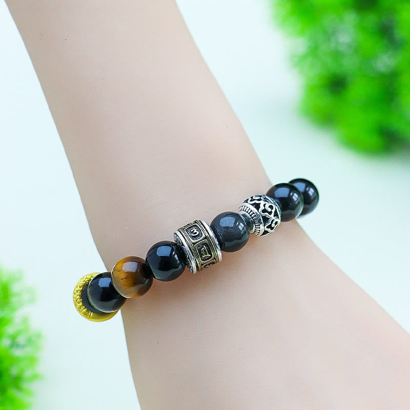 Wear FengShui Silver Sheen Obsidian Tiger Eye Om Mani Padme Hum Protection Bracelet