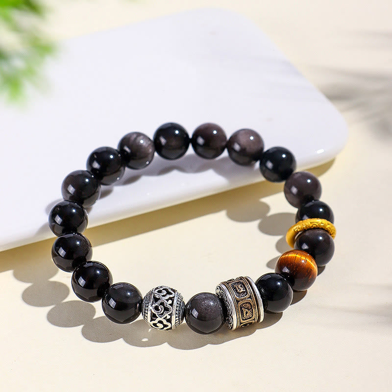 Wear FengShui Silver Sheen Obsidian Tiger Eye Om Mani Padme Hum Protection Bracelet