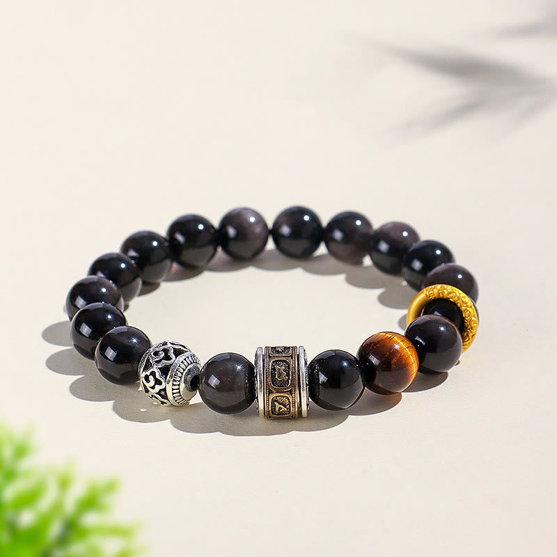 Wear FengShui Silver Sheen Obsidian Tiger Eye Om Mani Padme Hum Protection Bracelet