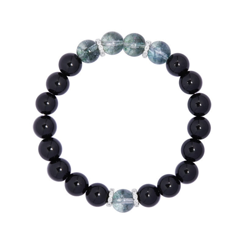 Wear FengShui 925 Sterling Silver Black Obsidian Green Phantom Strength Bracelet