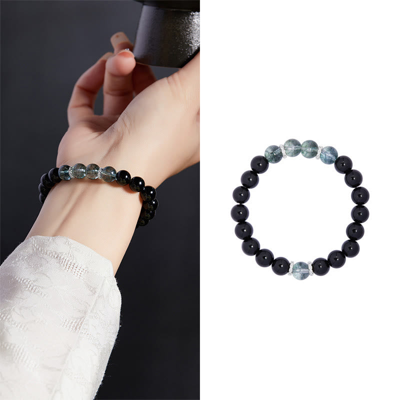 Wear FengShui 925 Sterling Silver Black Obsidian Green Phantom Strength Bracelet