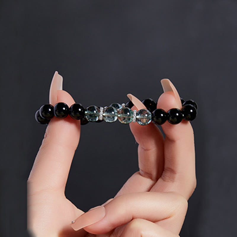 Wear FengShui 925 Sterling Silver Black Obsidian Green Phantom Strength Bracelet