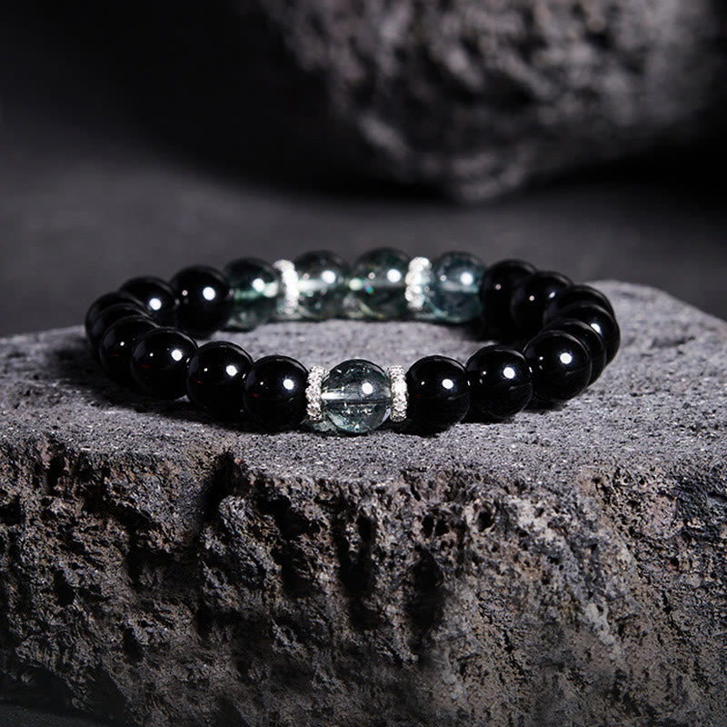 Wear FengShui 925 Sterling Silver Black Obsidian Green Phantom Strength Bracelet