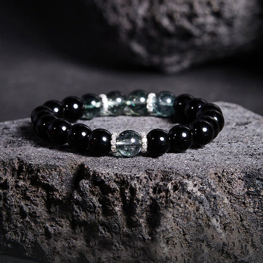 Wear FengShui 925 Sterling Silver Black Obsidian Green Phantom Strength Bracelet