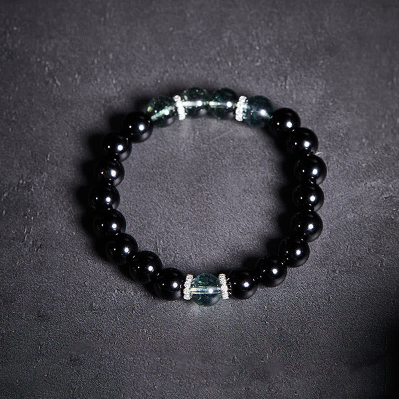 Wear FengShui 925 Sterling Silver Black Obsidian Green Phantom Strength Bracelet