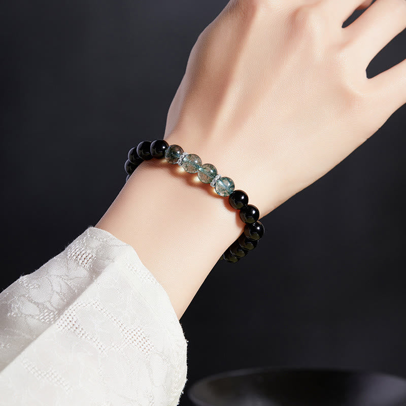 Wear FengShui 925 Sterling Silver Black Obsidian Green Phantom Strength Bracelet
