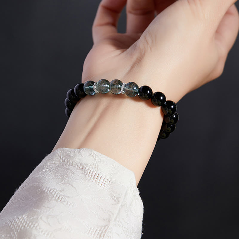 Wear FengShui 925 Sterling Silver Black Obsidian Green Phantom Strength Bracelet