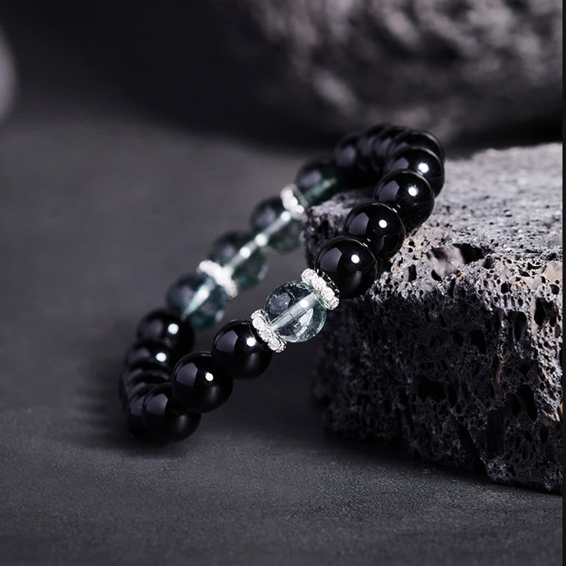 Wear FengShui 925 Sterling Silver Black Obsidian Green Phantom Strength Bracelet