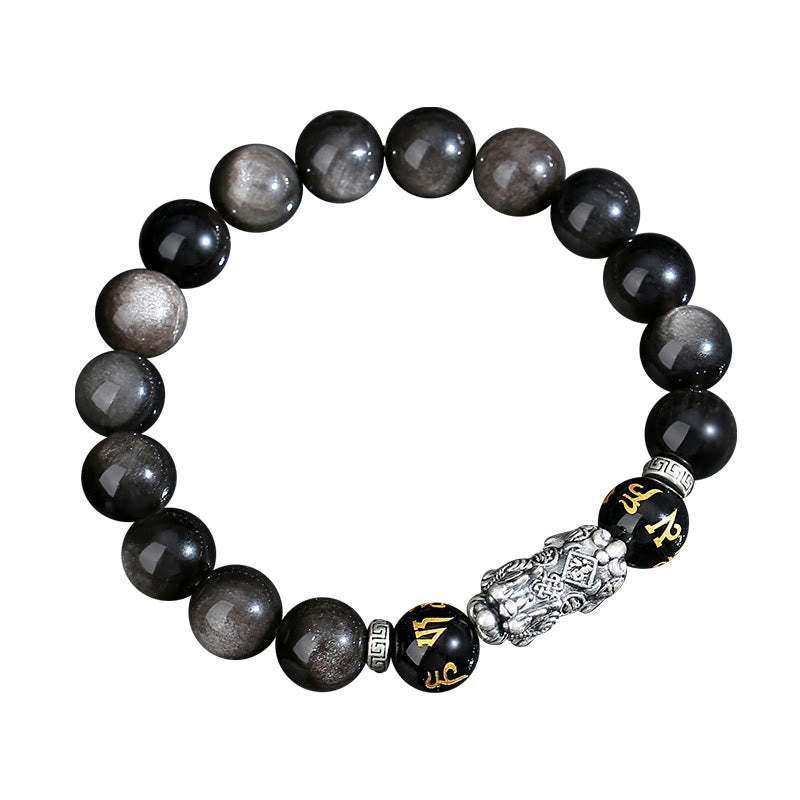 Wear FengShui 999 Sterling Silver PiXiu Natural Black Obsidian Strength Bracelet