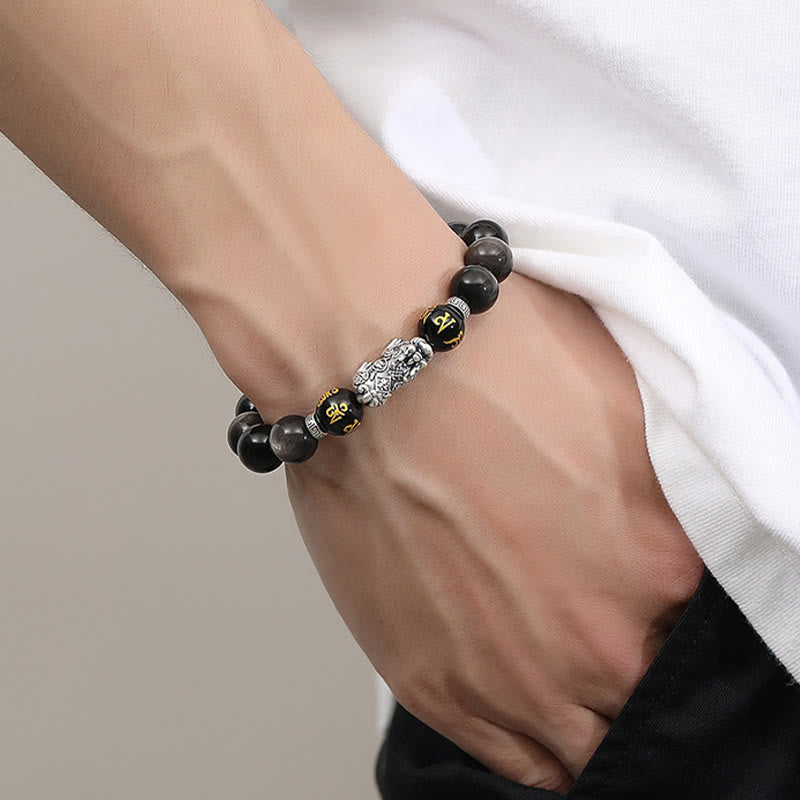 Wear FengShui 999 Sterling Silver PiXiu Natural Black Obsidian Strength Bracelet