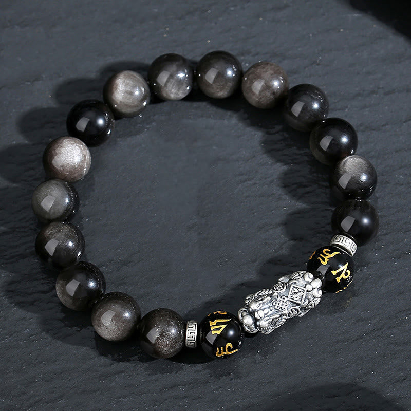 Wear FengShui 999 Sterling Silver PiXiu Natural Black Obsidian Strength Bracelet