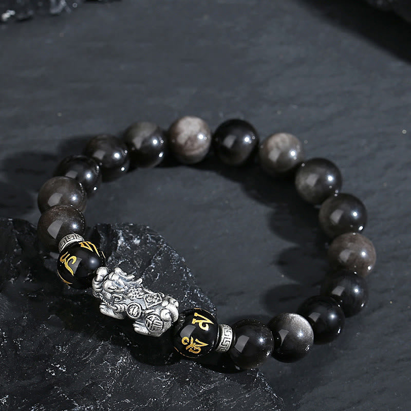 Wear FengShui 999 Sterling Silver PiXiu Natural Black Obsidian Strength Bracelet