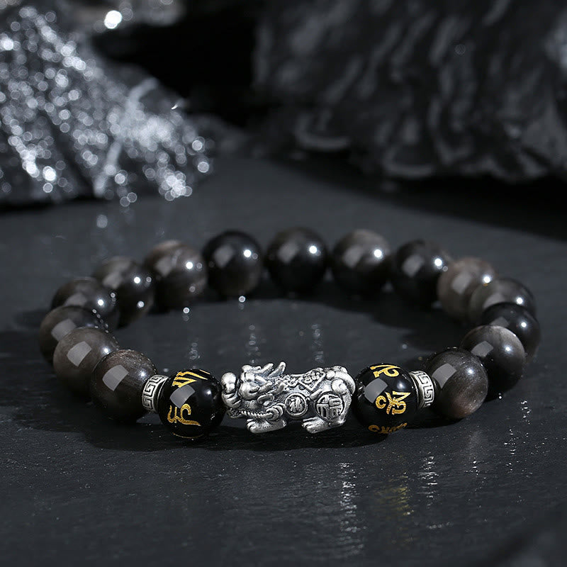 Wear FengShui 999 Sterling Silver PiXiu Natural Black Obsidian Strength Bracelet