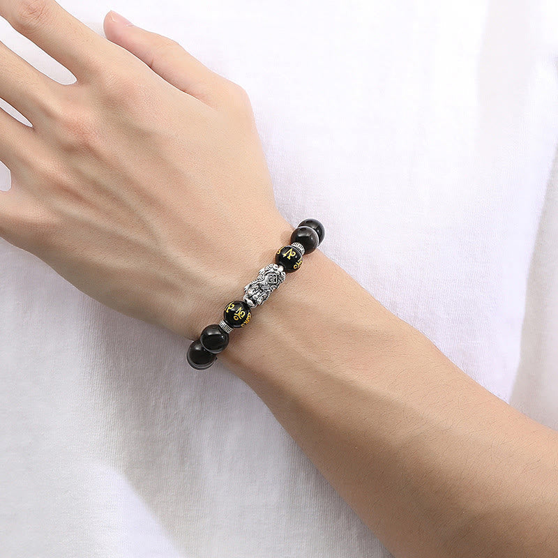 Wear FengShui 999 Sterling Silver PiXiu Natural Black Obsidian Strength Bracelet