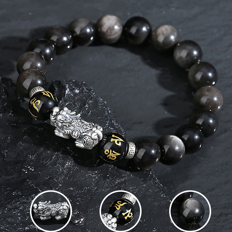 Wear FengShui 999 Sterling Silver PiXiu Natural Black Obsidian Strength Bracelet