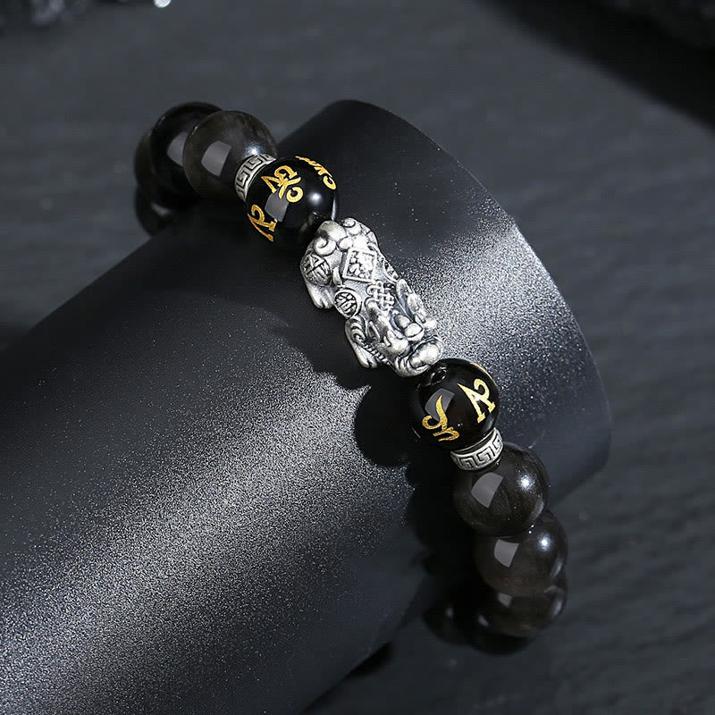 Wear FengShui 999 Sterling Silver PiXiu Natural Black Obsidian Strength Bracelet