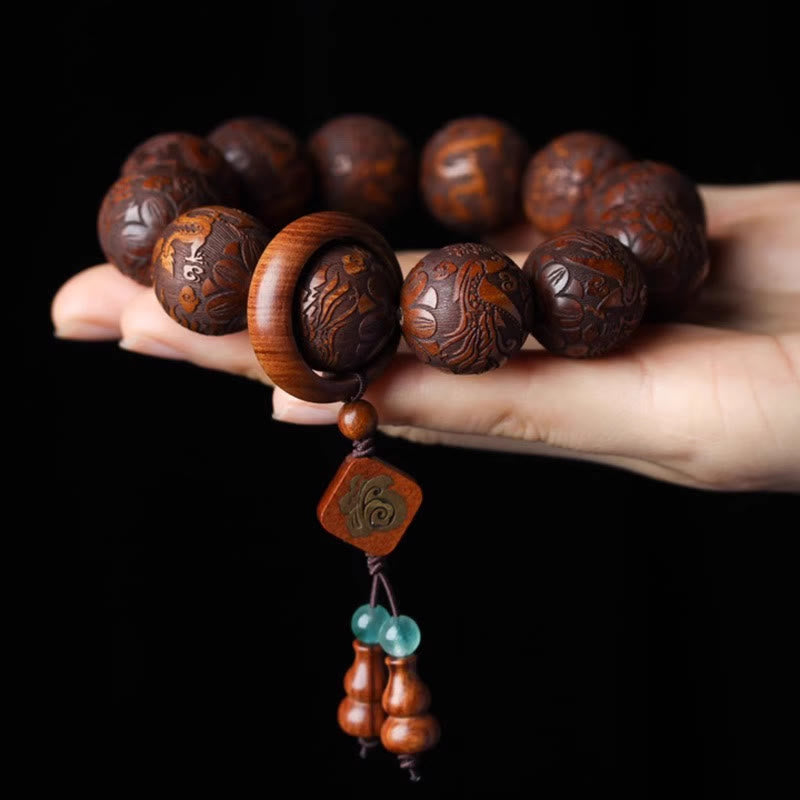 Wear FengShui Natural Carving Dragon And Phoenix Fu Character Gourd Rosewood Beads  Warmth Bracelet