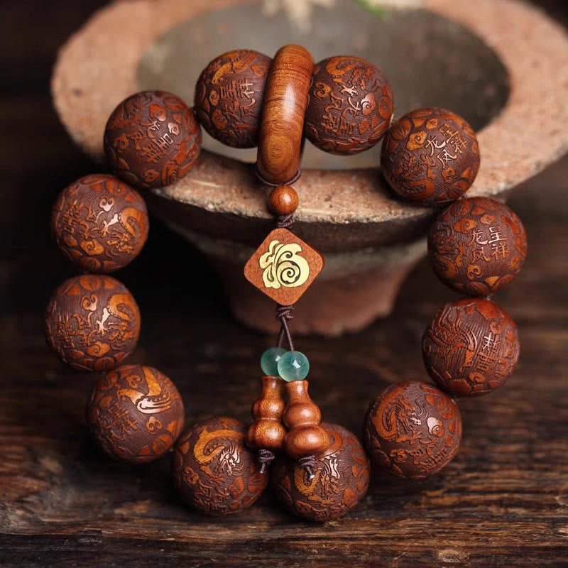 Wear FengShui Natural Carving Dragon And Phoenix Fu Character Gourd Rosewood Beads  Warmth Bracelet