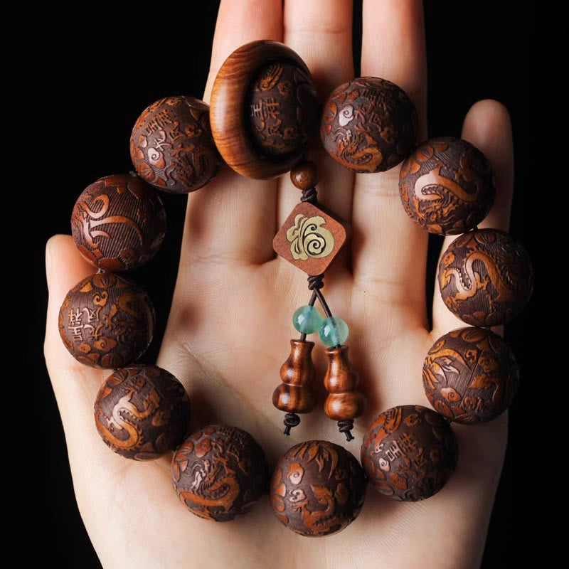 Wear FengShui Natural Carving Dragon And Phoenix Fu Character Gourd Rosewood Beads  Warmth Bracelet