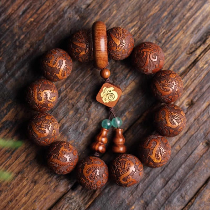 Wear FengShui Natural Carving Dragon And Phoenix Fu Character Gourd Rosewood Beads  Warmth Bracelet
