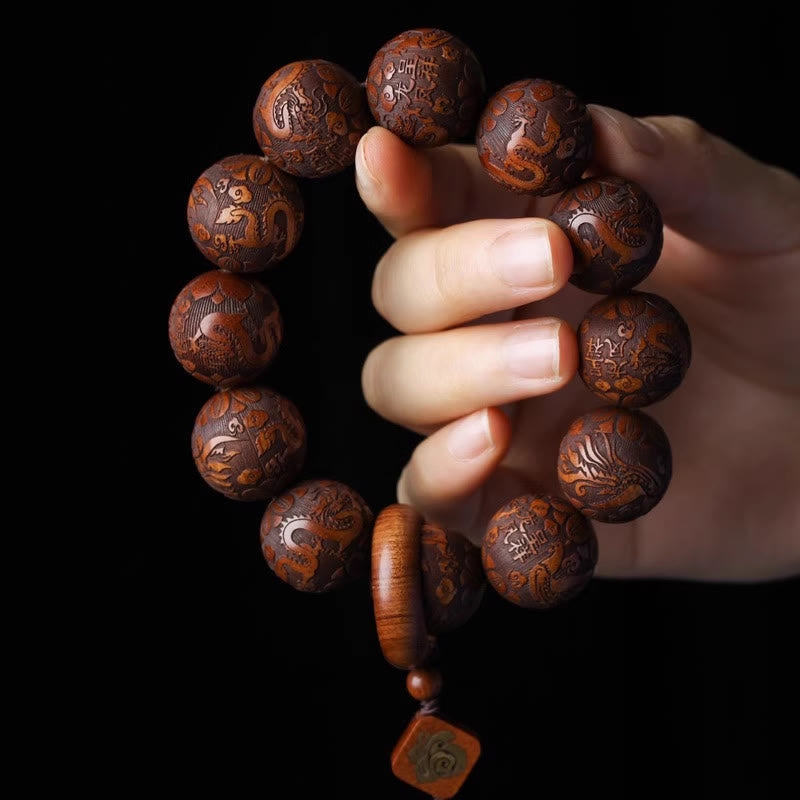 Wear FengShui Natural Carving Dragon And Phoenix Fu Character Gourd Rosewood Beads  Warmth Bracelet